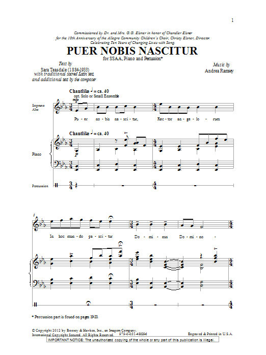 Andrea Ramsey Puer Nobis Nascitur sheet music notes and chords arranged for SSA Choir