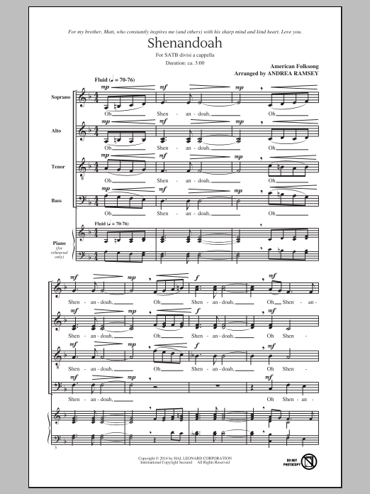 Andrea Ramsey Shenandoah sheet music notes and chords arranged for SATB Choir