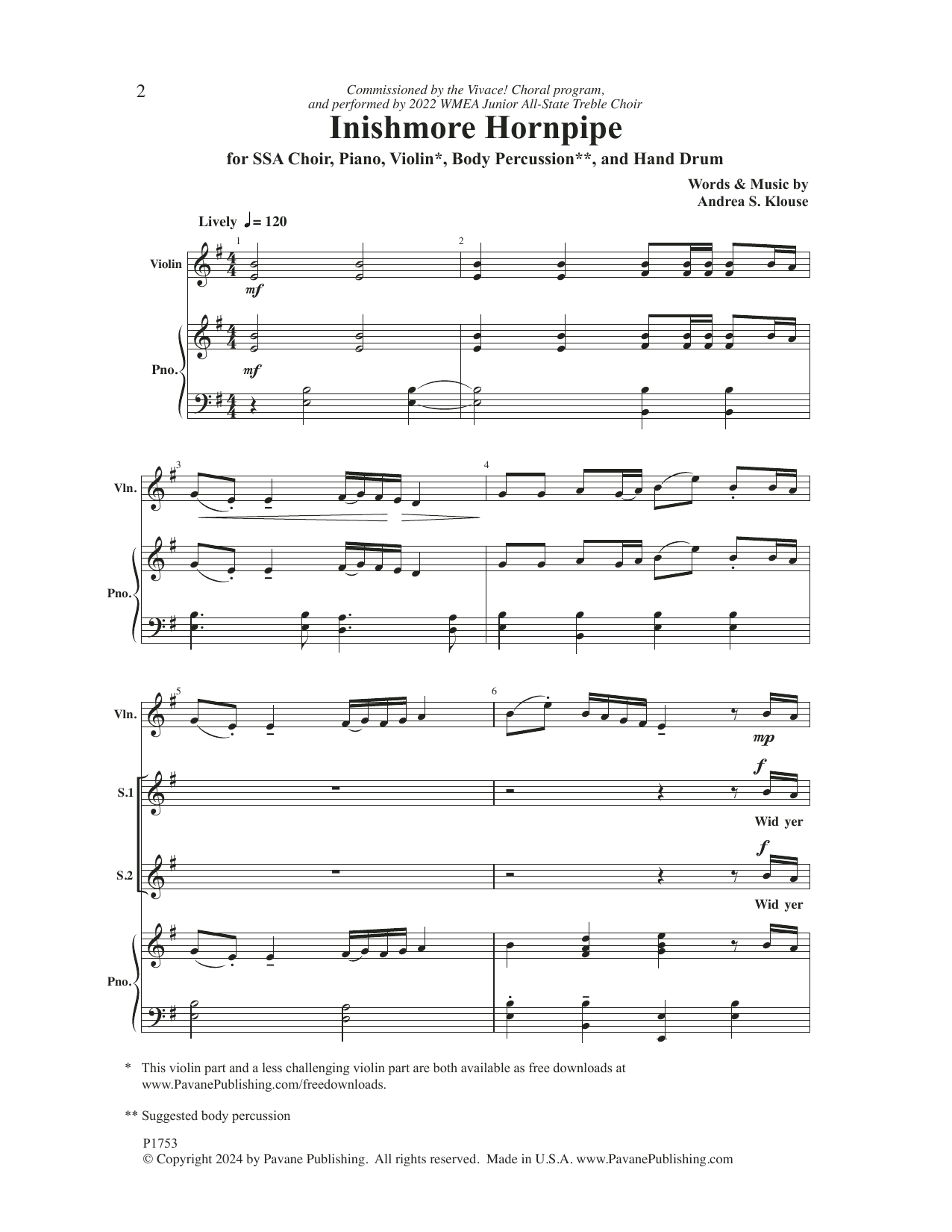 Andrea S. Klouse Inishmore Hornpipe sheet music notes and chords arranged for SSA Choir