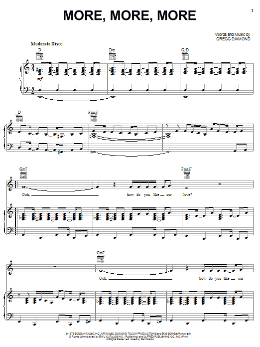 Andrea True More, More, More sheet music notes and chords arranged for Piano, Vocal & Guitar Chords (Right-Hand Melody)