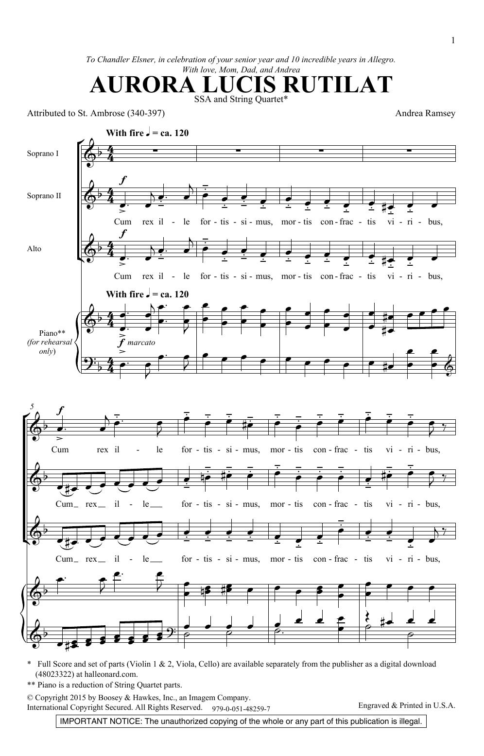 Andrea Ramsey Aurora Lucis Rutilat sheet music notes and chords arranged for SSA Choir