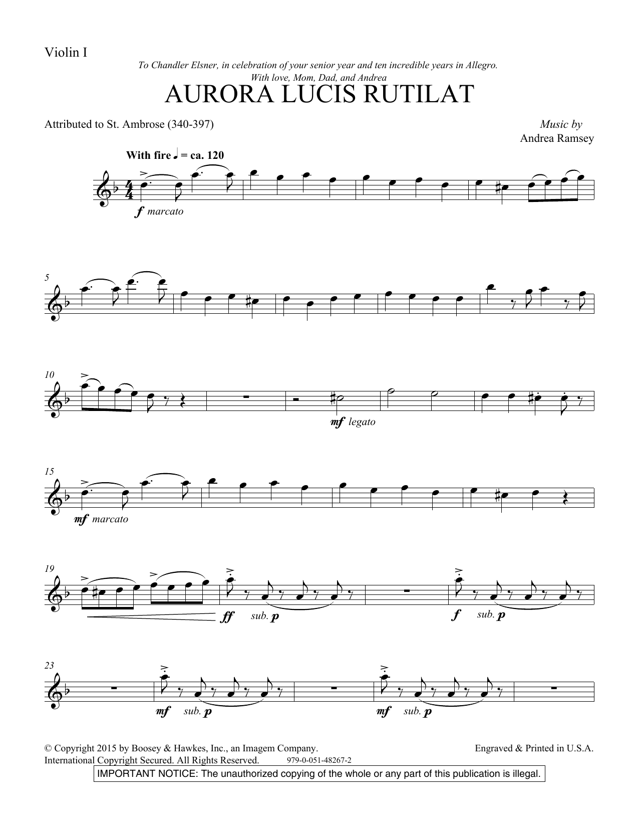 Andrea Ramsey Aurora Lucis Rutilat - Violin 1 sheet music notes and chords. Download Printable PDF.