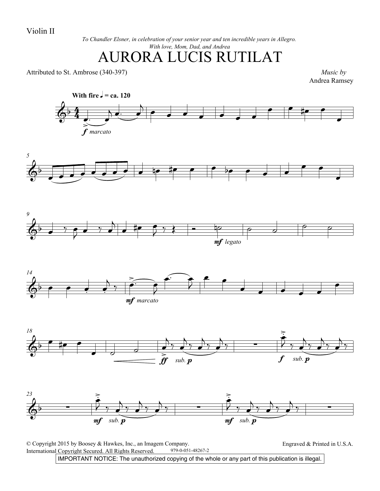 Andrea Ramsey Aurora Lucis Rutilat - Violin 2 sheet music notes and chords. Download Printable PDF.