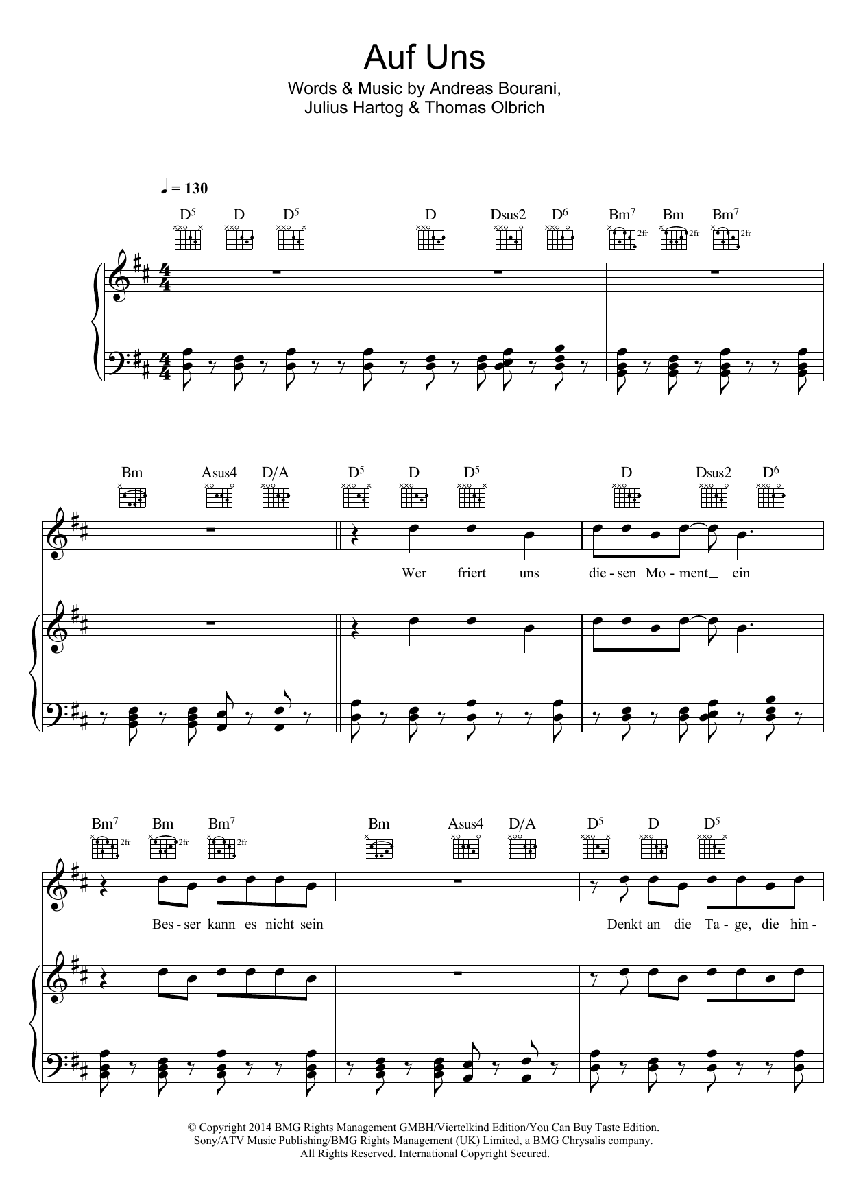 Andreas Bourani Auf Uns sheet music notes and chords arranged for Piano, Vocal & Guitar Chords (Right-Hand Melody)