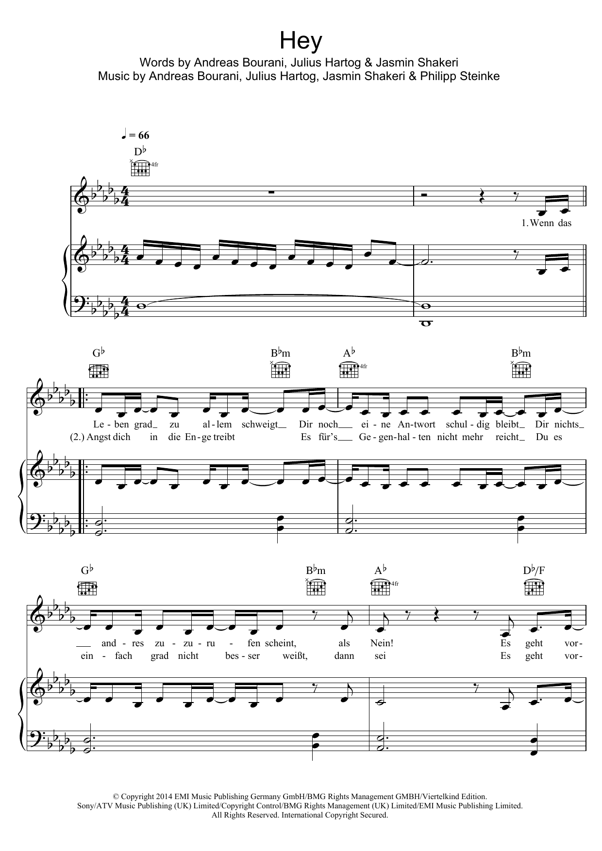 Andreas Bourani Hey sheet music notes and chords arranged for Piano, Vocal & Guitar Chords
