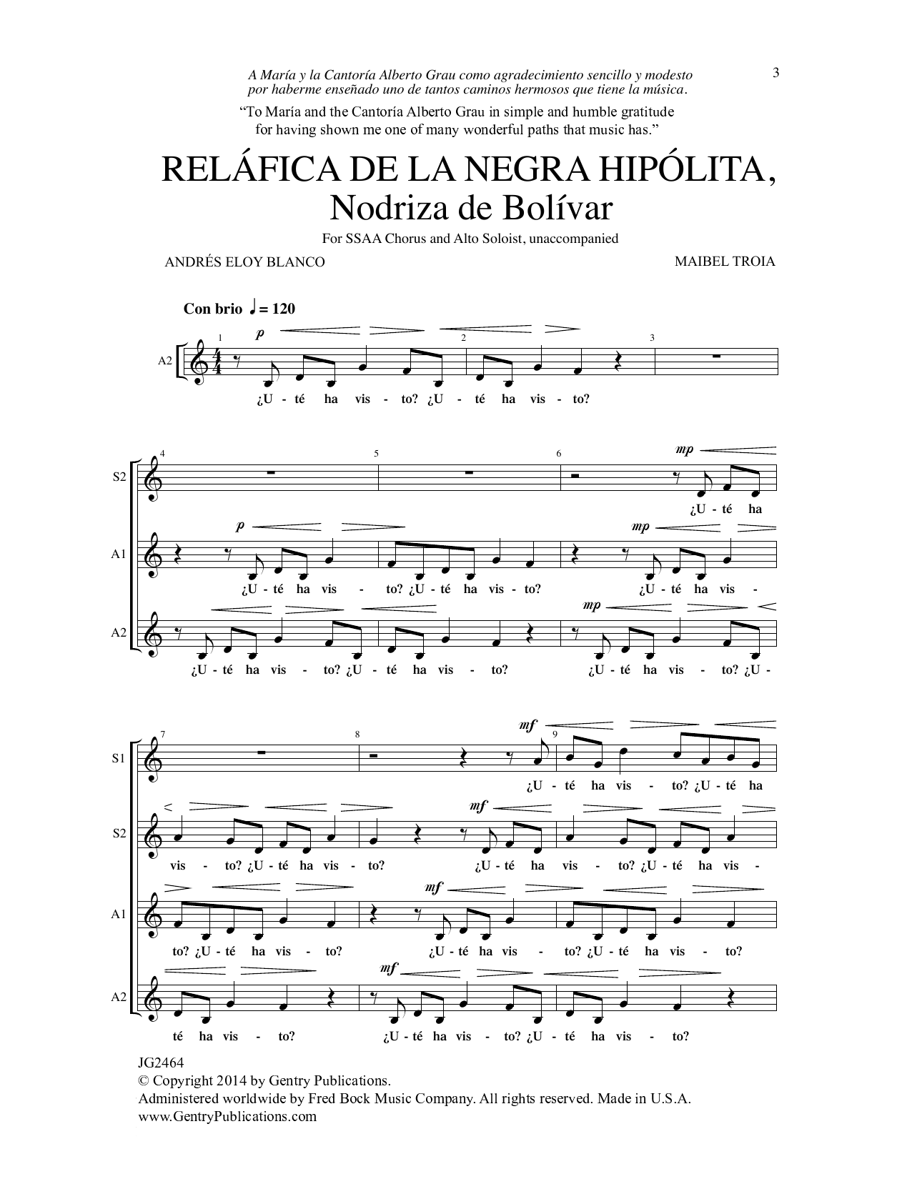 Andres Eloy Blanco Relafica De La Negra Hipolita sheet music notes and chords arranged for SSAA Choir