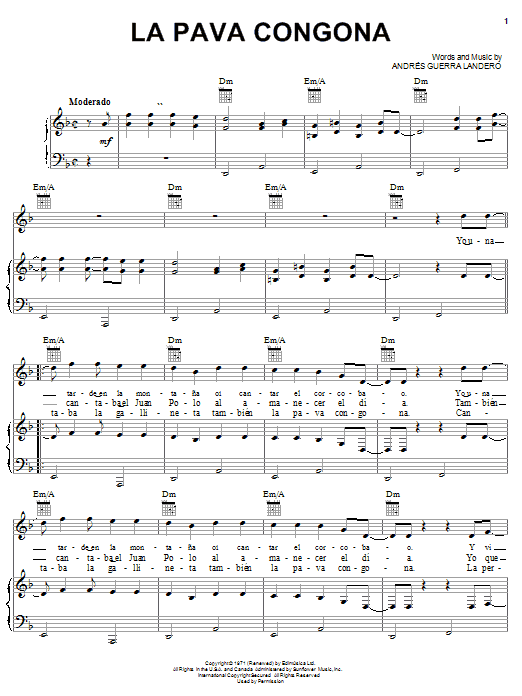Andres Guerra Landero La Pava Congona sheet music notes and chords arranged for Piano, Vocal & Guitar Chords (Right-Hand Melody)