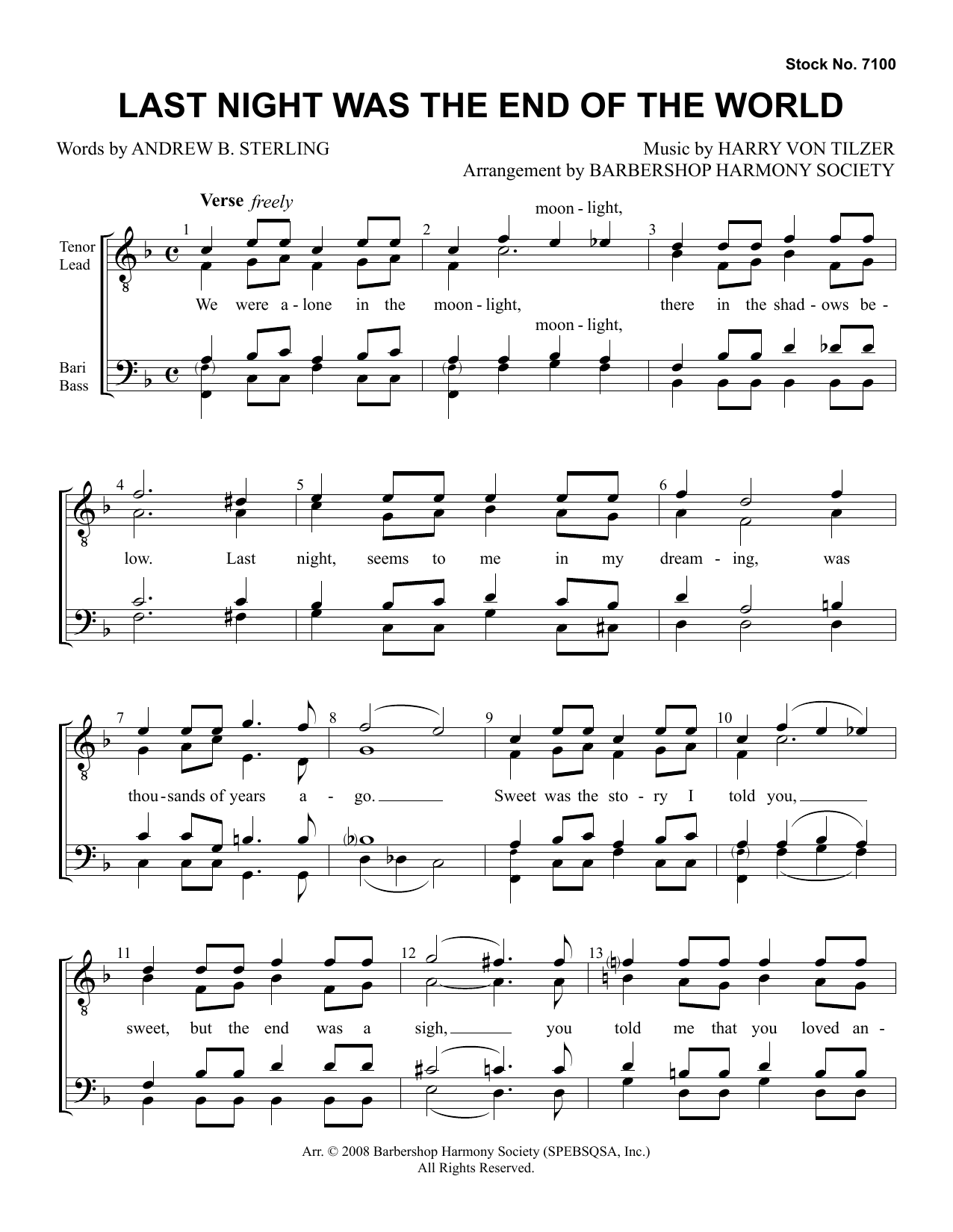 Andrew B. Sterling & Harry von Tilzer Last Night Was The End Of The World (arr. Barbershop Harmony Society) sheet music notes and chords arranged for SSAA Choir