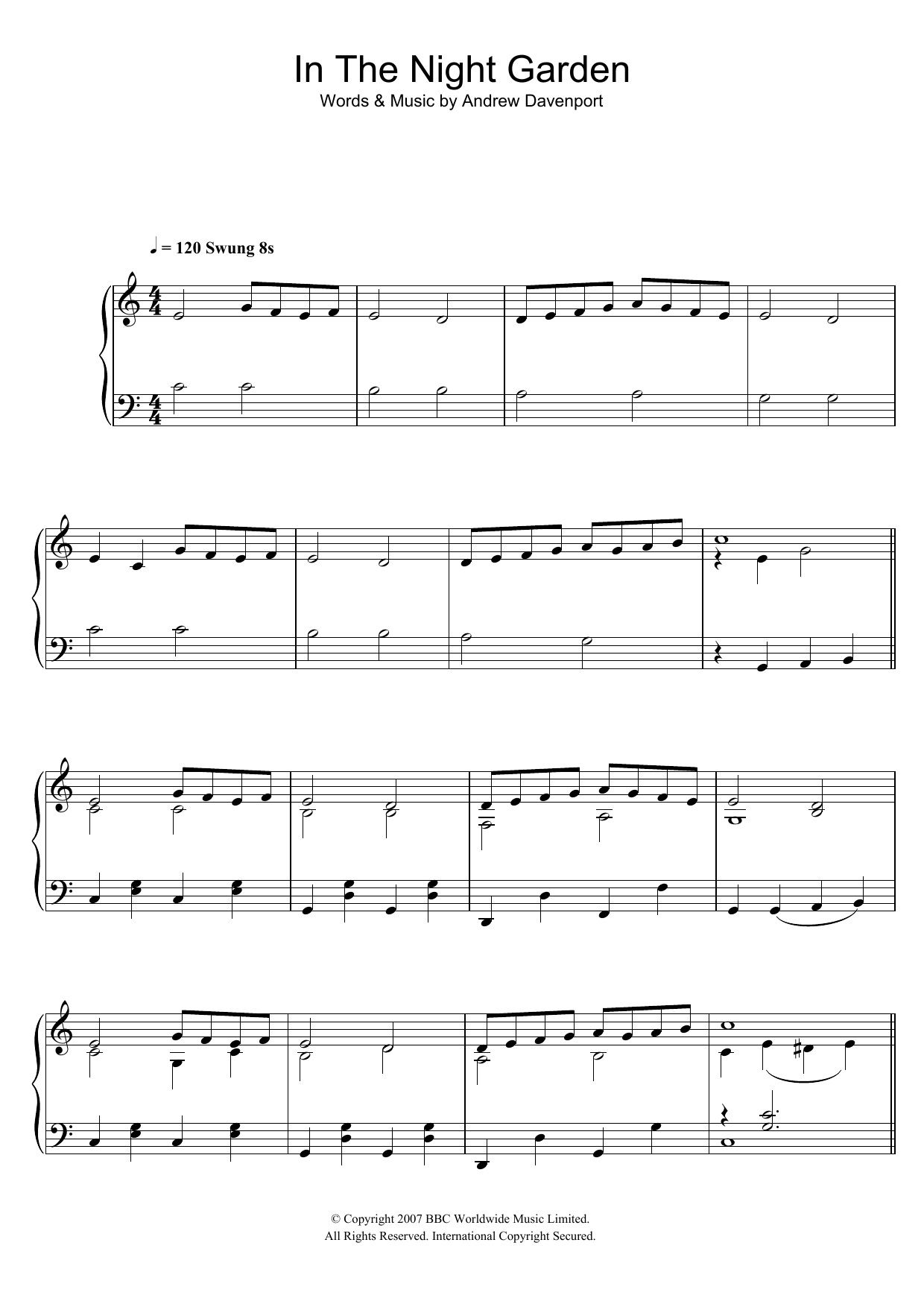 Andrew Davenport In The Night Garden sheet music notes and chords arranged for Easy Piano
