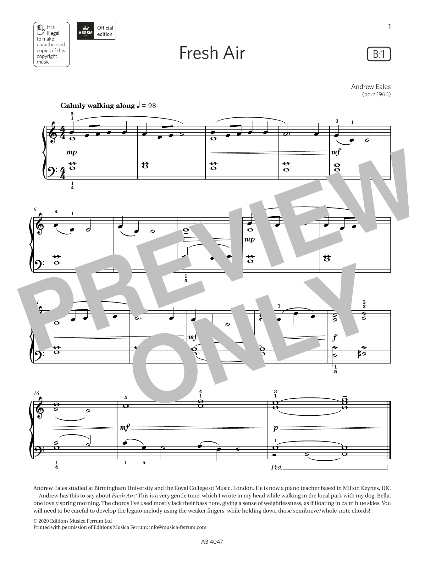 Andrew Eales Fresh Air (Grade 1, list B1, from the ABRSM Piano Syllabus 2023 & 2024) sheet music notes and chords arranged for Piano Solo