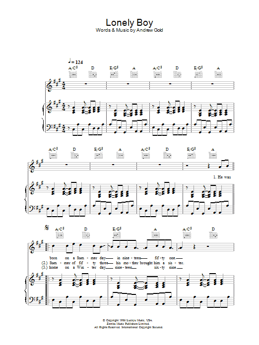 Andrew Gold Lonely Boy sheet music notes and chords arranged for Piano, Vocal & Guitar Chords