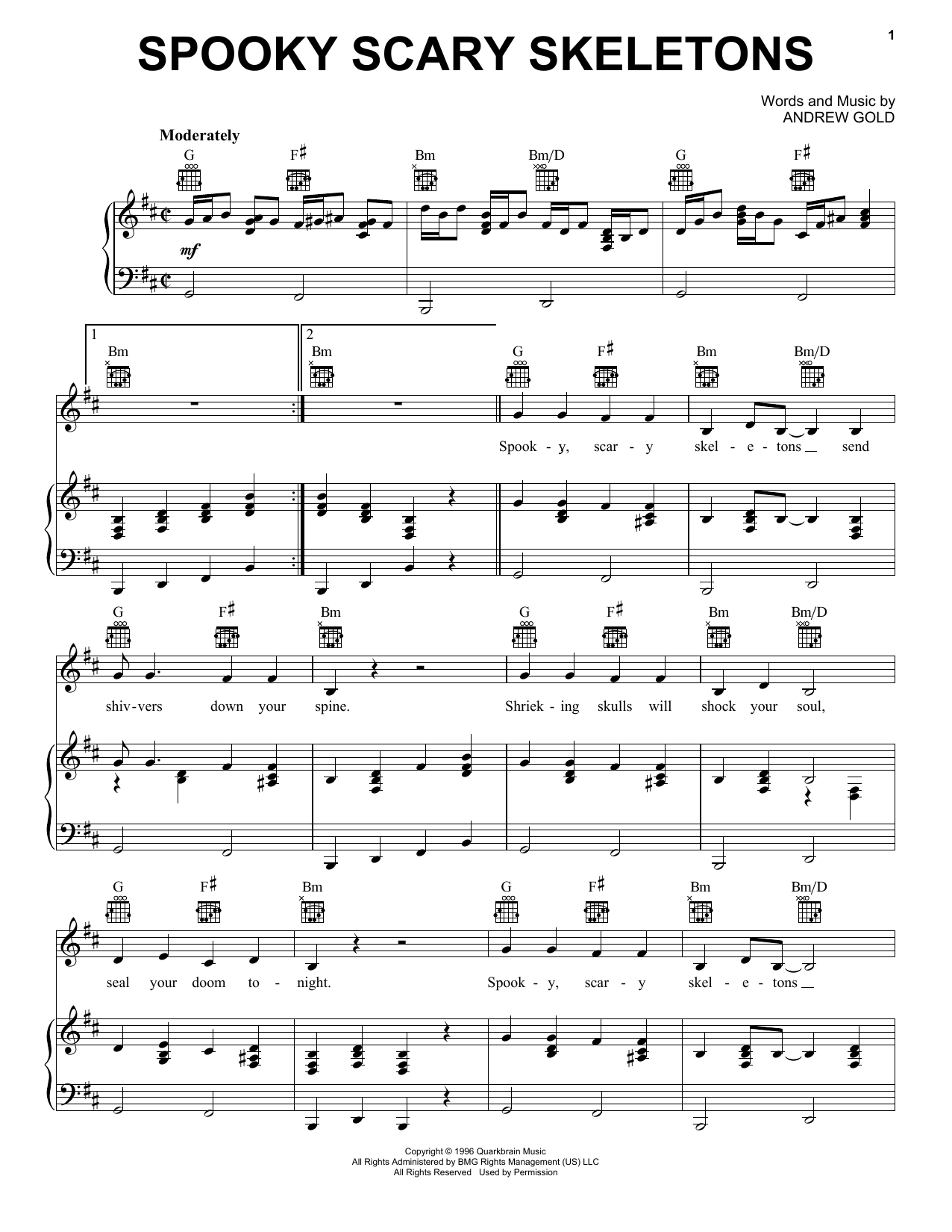 Andrew Gold Spooky Scary Skeletons sheet music notes and chords arranged for Piano, Vocal & Guitar Chords (Right-Hand Melody)