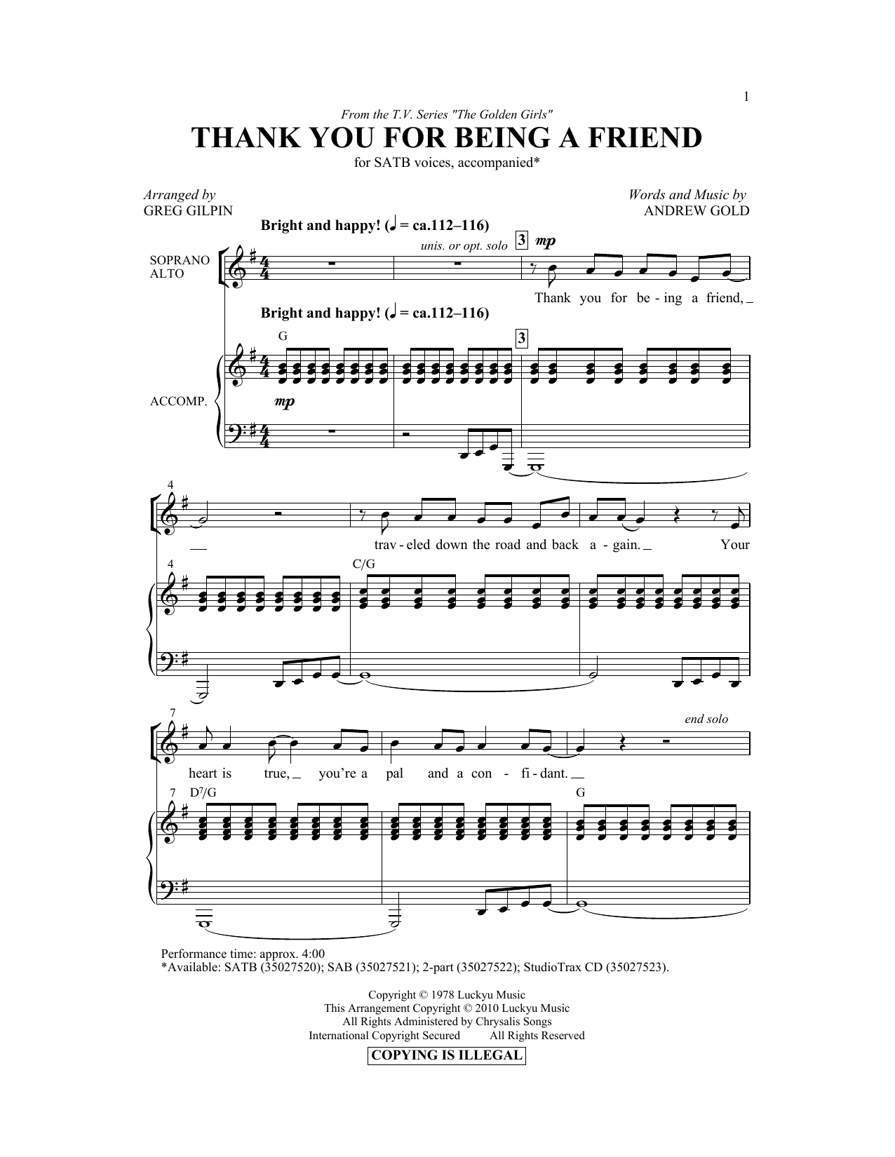 Andrew Gold Thank You For Being A Friend (Theme from The Golden Girls) (arr. Greg Gilpin) sheet music notes and chords arranged for SAB Choir