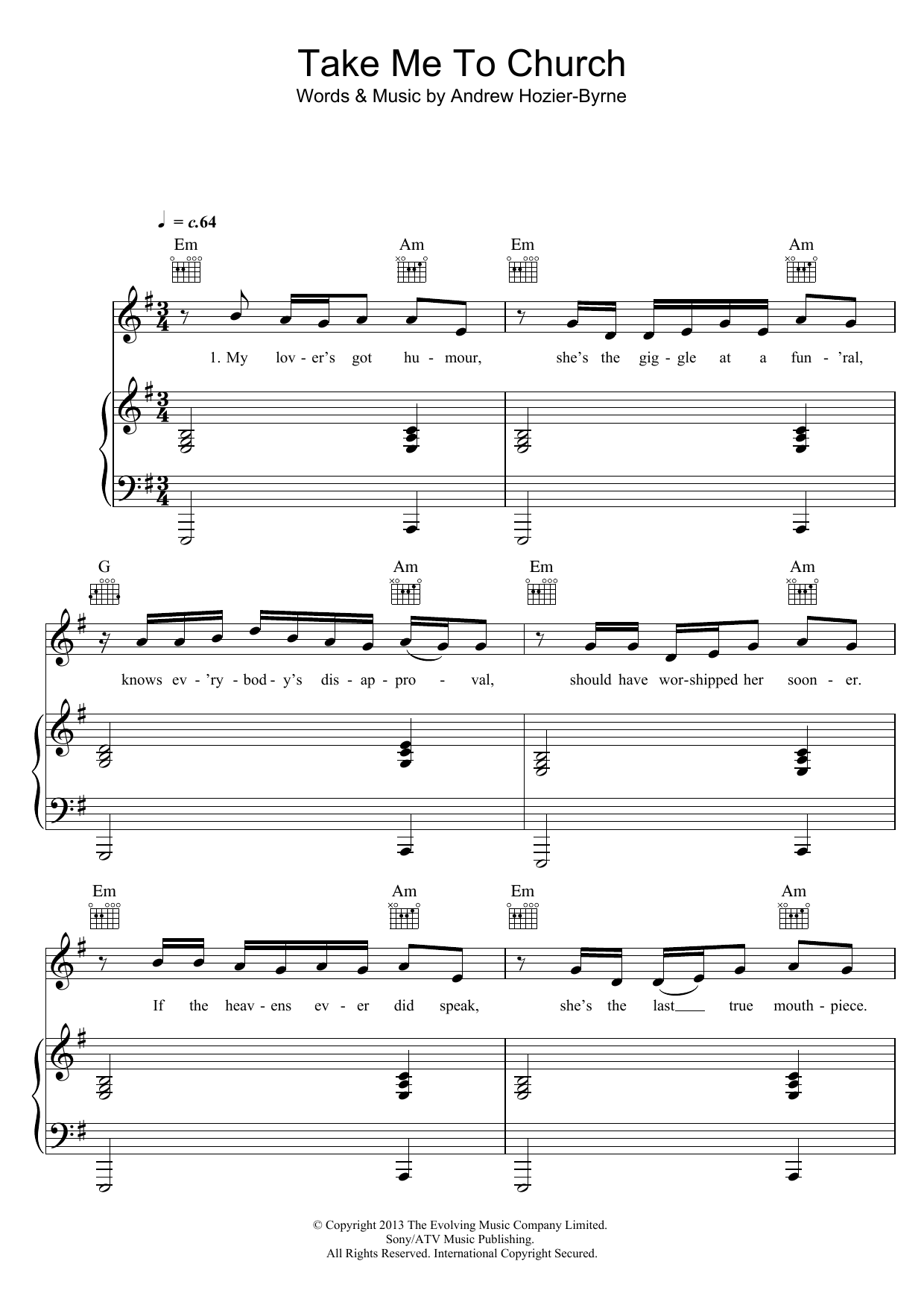 Hozier Take Me To Church sheet music notes and chords arranged for Piano, Vocal & Guitar Chords