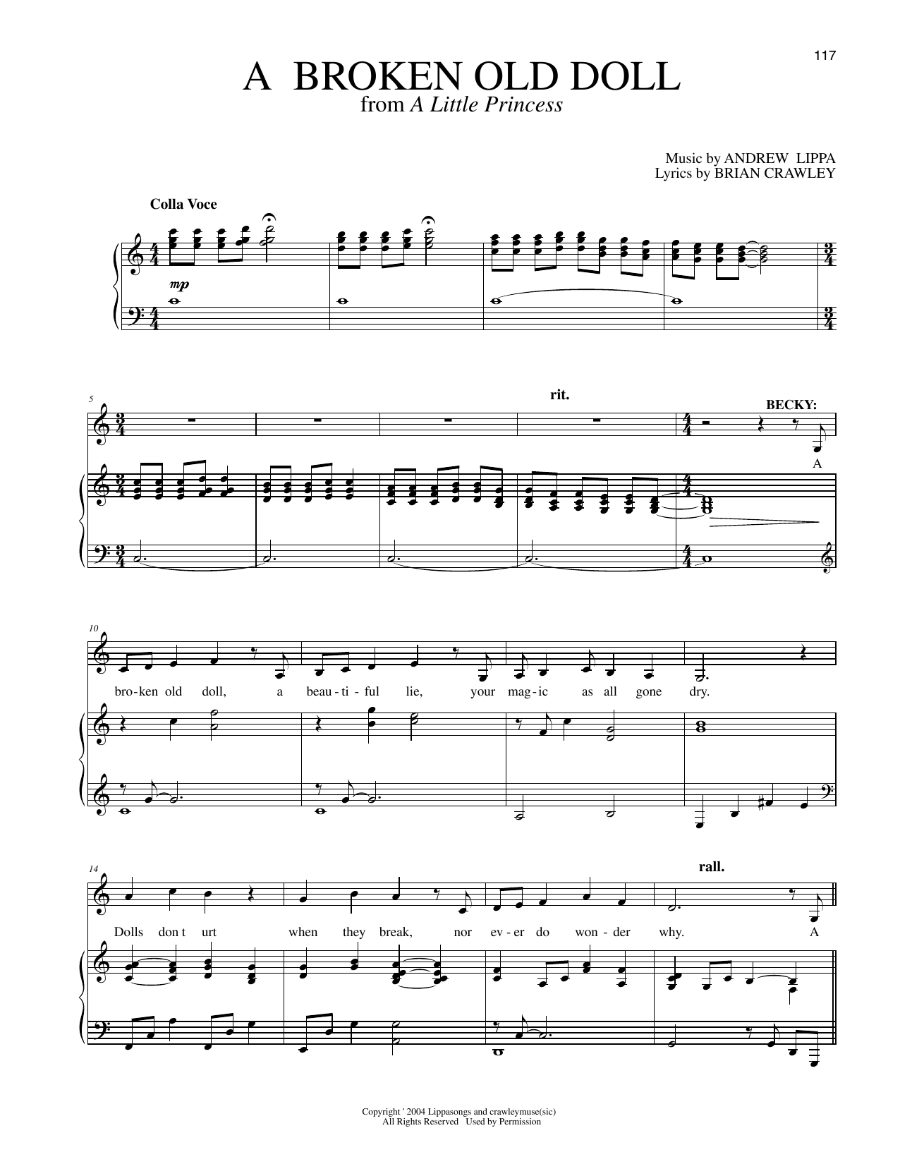 Andrew Lippa A Broken Old Doll (from A Little Princess) sheet music notes and chords arranged for Piano & Vocal
