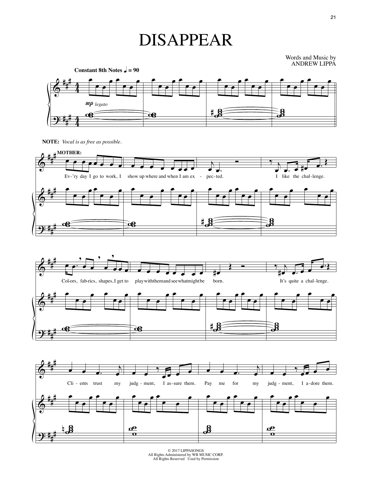 Andrew Lippa Disappear (from The Man In The Ceiling) sheet music notes and chords arranged for Piano & Vocal