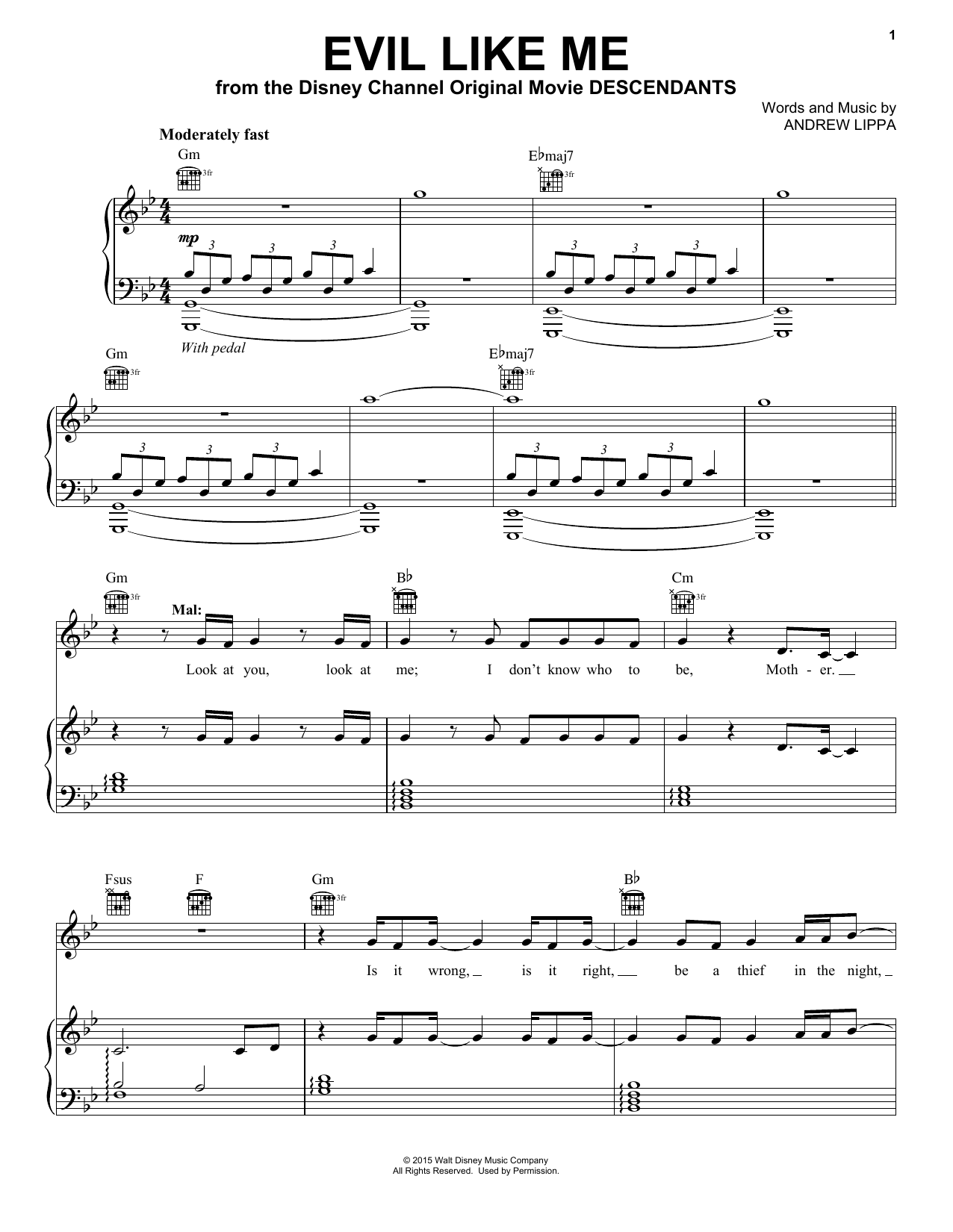 Andrew Lippa Evil Like Me (from Disney's Descendants) sheet music notes and chords arranged for Piano, Vocal & Guitar Chords (Right-Hand Melody)