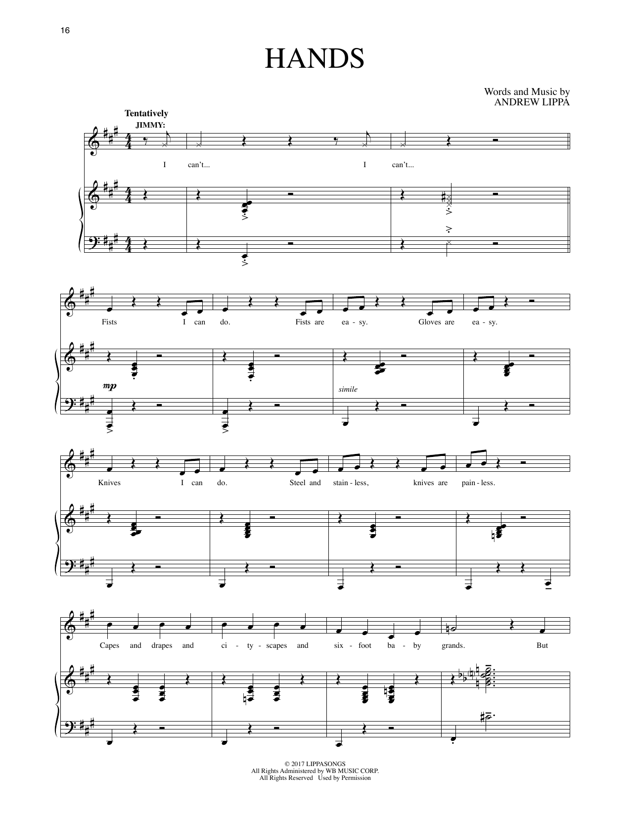 Andrew Lippa Hands (from The Man In The Ceiling) sheet music notes and chords arranged for Piano & Vocal