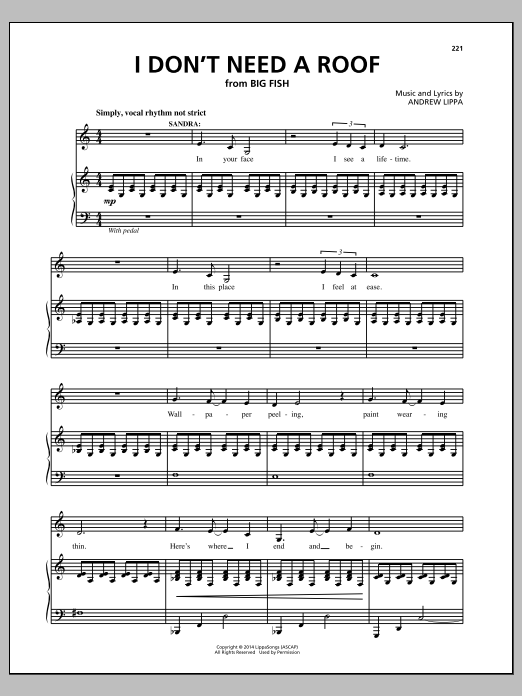 Andrew Lippa I Don't Need A Roof sheet music notes and chords arranged for Piano, Vocal & Guitar Chords (Right-Hand Melody)