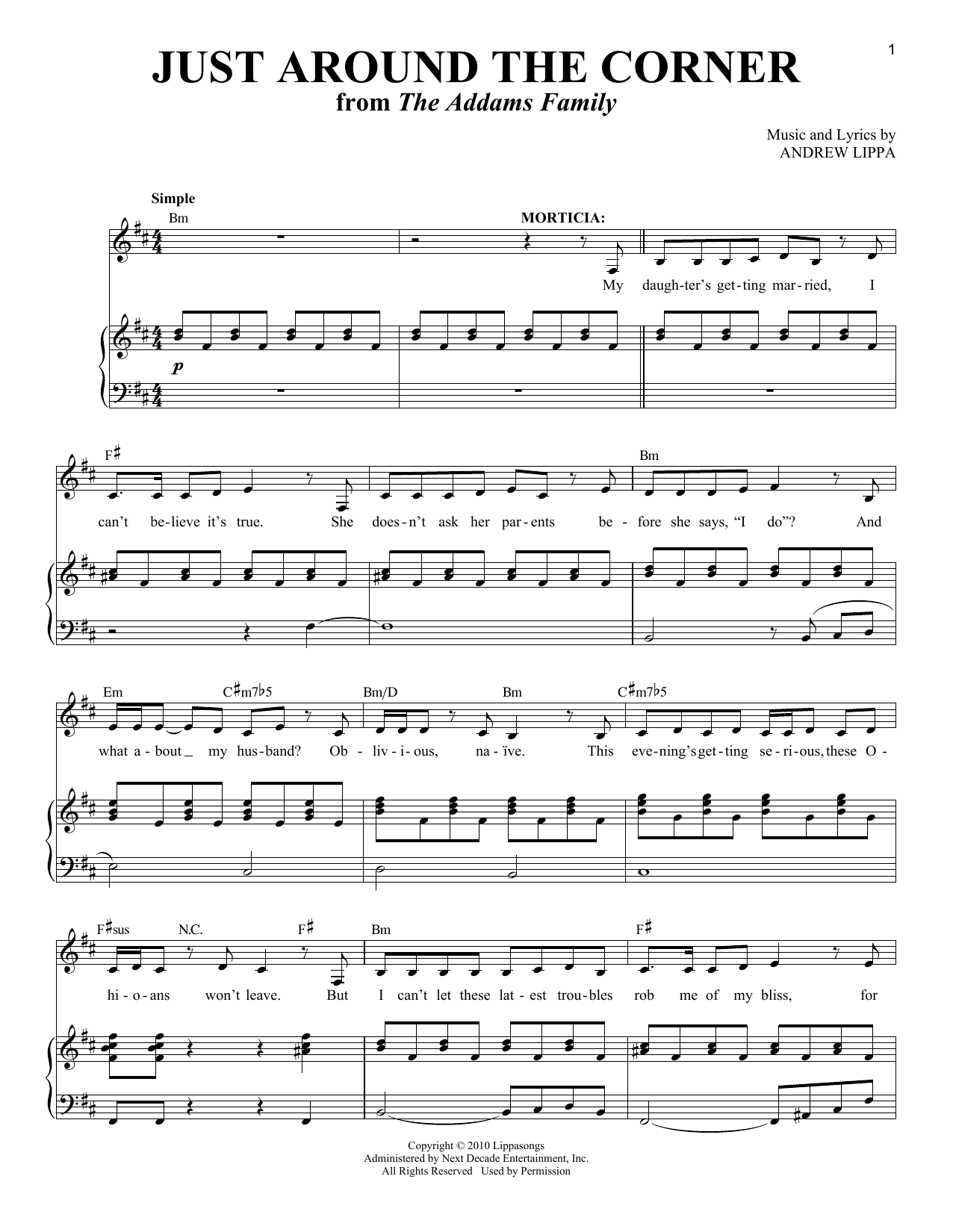 Andrew Lippa Just Around The Corner [Solo version] (from The Addams Family) sheet music notes and chords arranged for Piano & Vocal