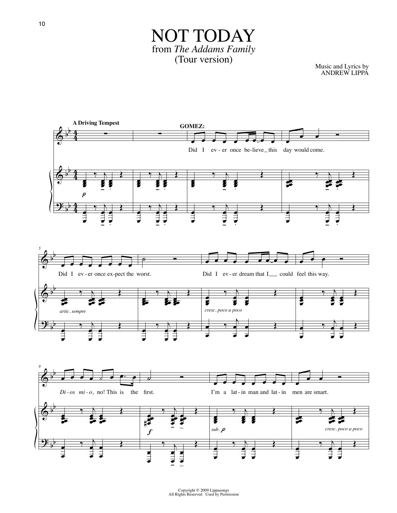 Andrew Lippa Not Today (Tour Version) (from The Addams Family) sheet music notes and chords arranged for Piano & Vocal