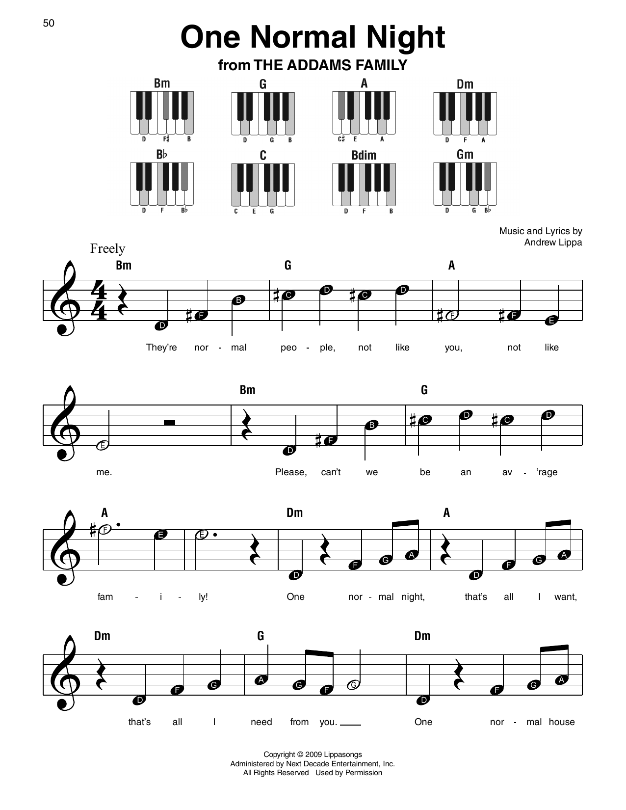 Andrew Lippa One Normal Night (from The Addams Family) sheet music notes and chords arranged for Super Easy Piano