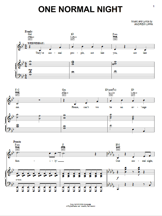 Andrew Lippa One Normal Night sheet music notes and chords arranged for Piano, Vocal & Guitar Chords (Right-Hand Melody)