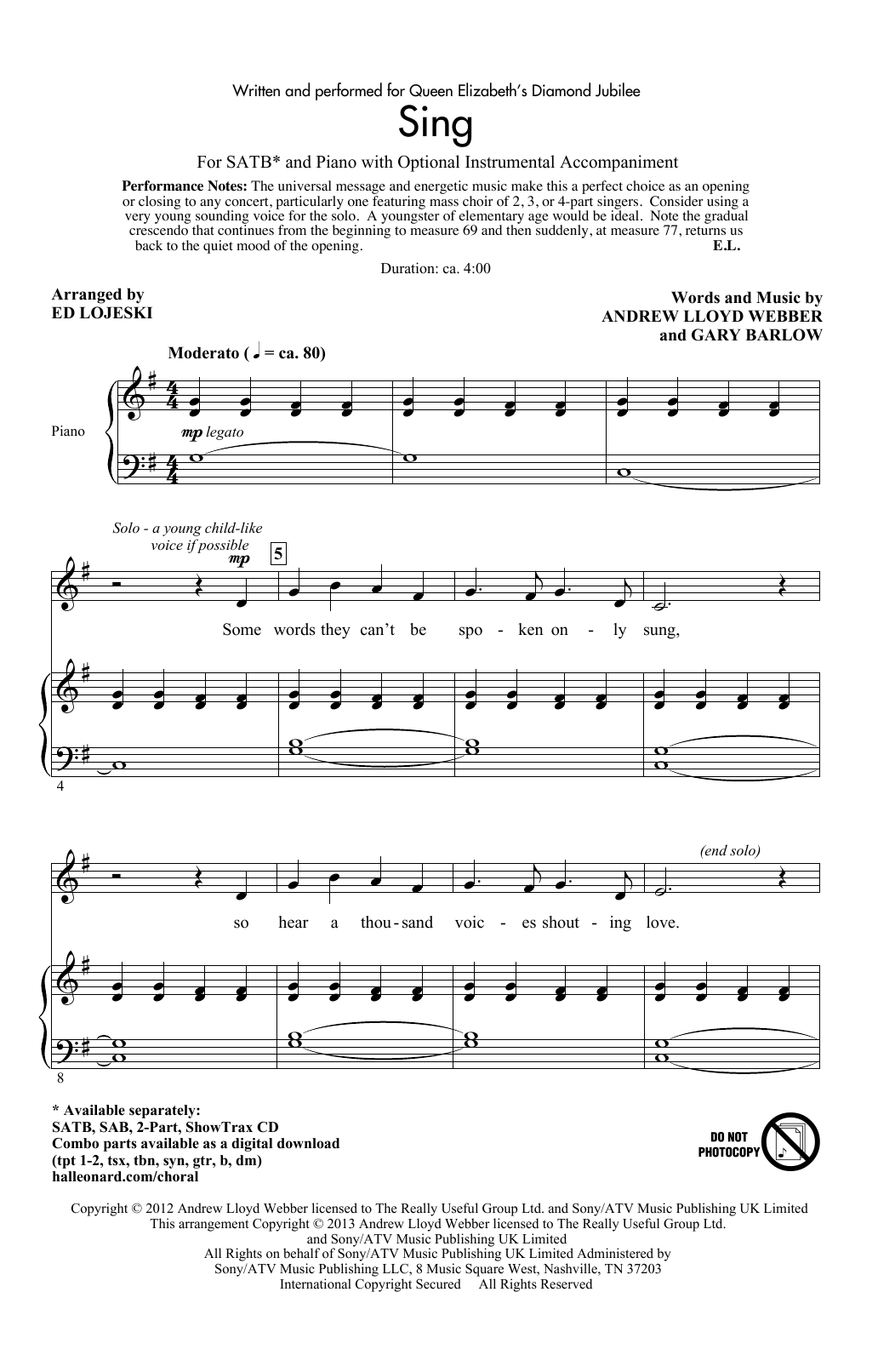 Andrew Lloyd Webber & Gary Barlow Sing (arr. Ed Lojeski) sheet music notes and chords arranged for SATB Choir