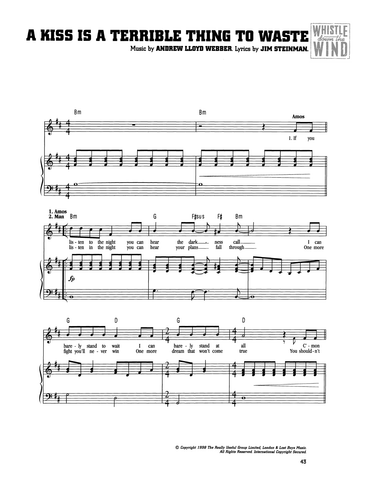 Andrew Lloyd Webber A Kiss Is A Terrible Thing To Waste (from Whistle Down The Wind) sheet music notes and chords arranged for Piano & Vocal