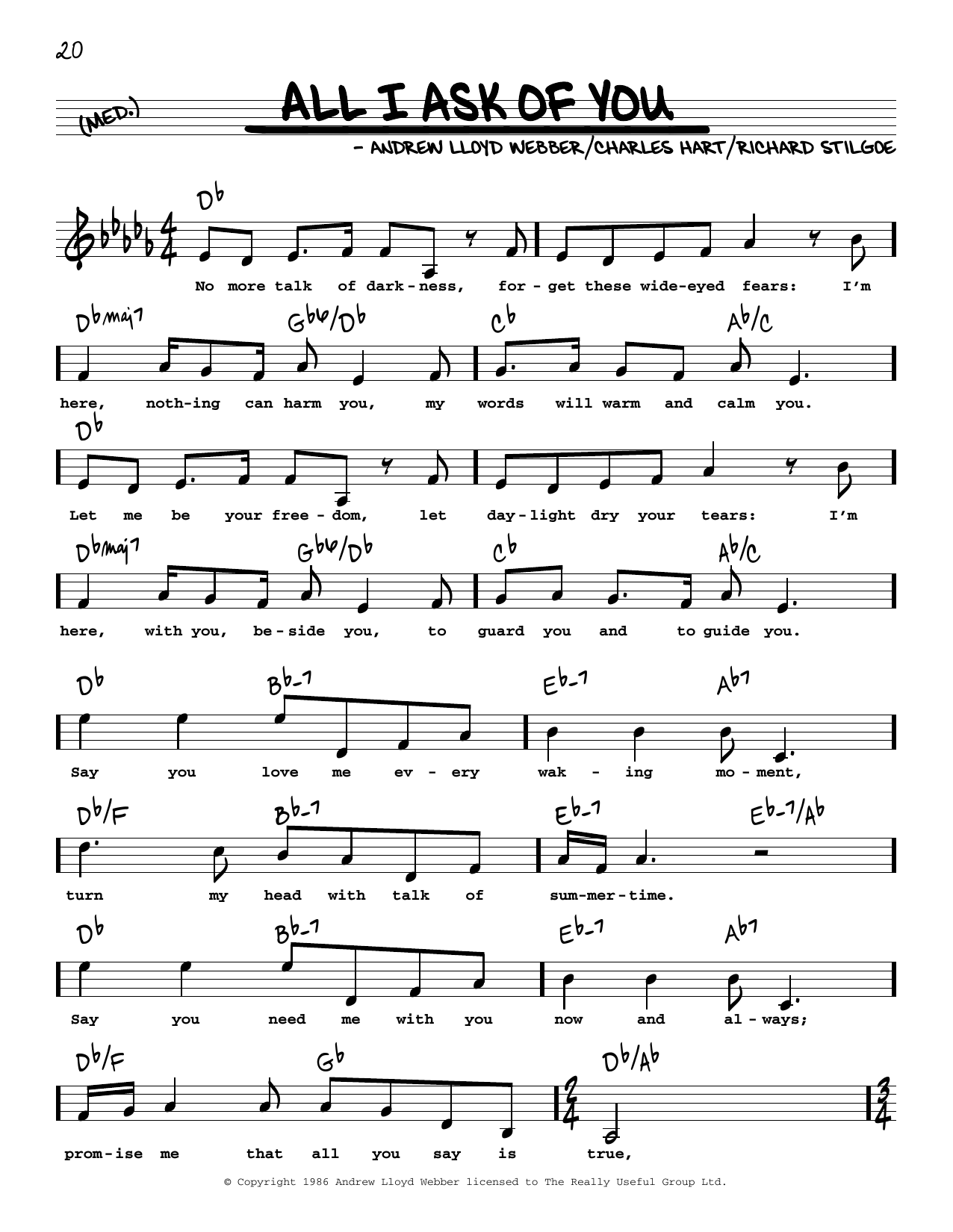 Andrew Lloyd Webber All I Ask Of You (from Phantom Of The Opera) (High Voice) sheet music notes and chords arranged for Real Book – Melody, Lyrics & Chords