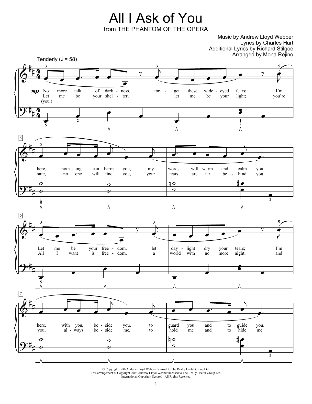 Andrew Lloyd Webber All I Ask Of You (from The Phantom Of The Opera) (arr. Mona Rejino) sheet music notes and chords arranged for Educational Piano