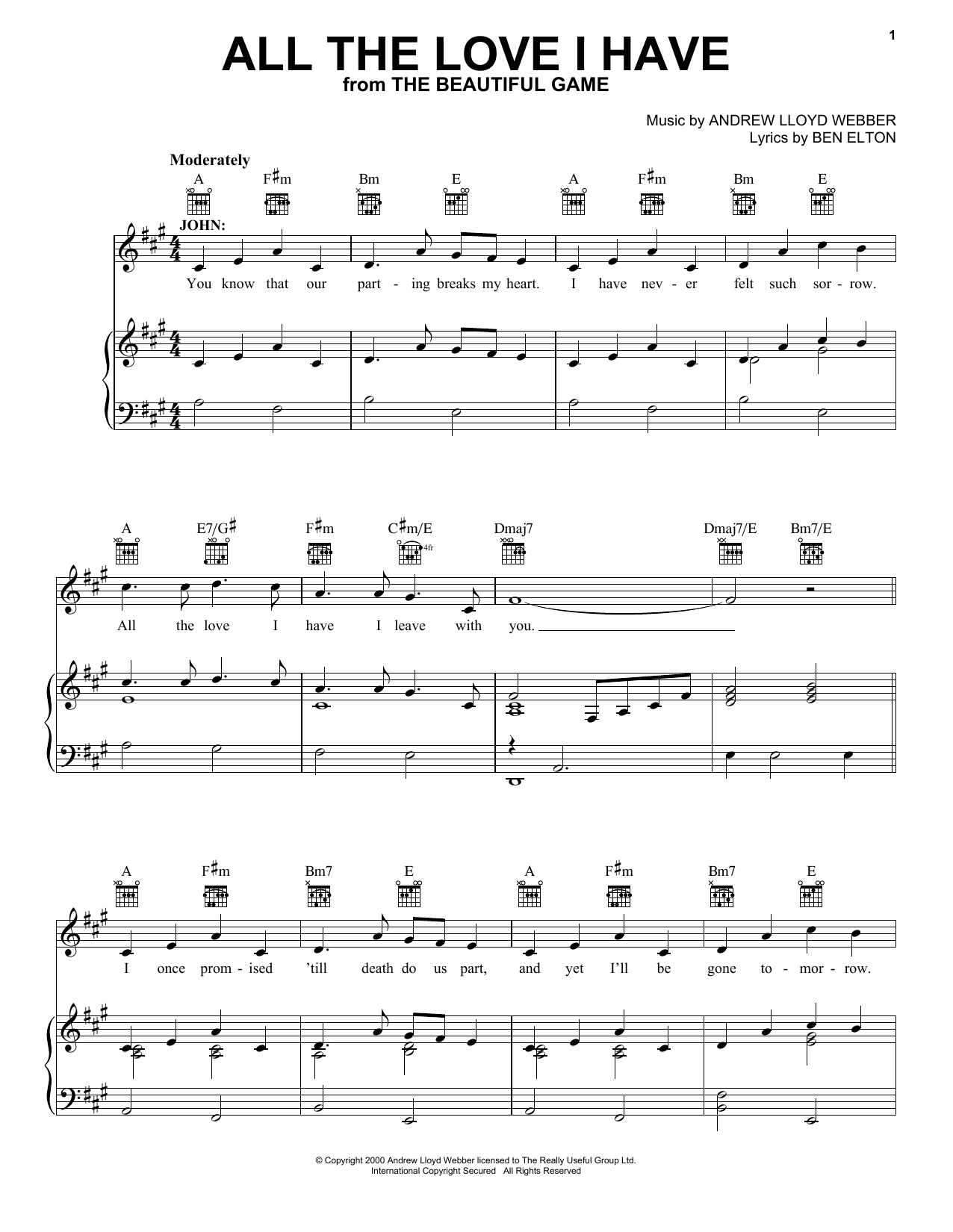 Andrew Lloyd Webber All The Love I Have sheet music notes and chords arranged for Piano, Vocal & Guitar Chords (Right-Hand Melody)