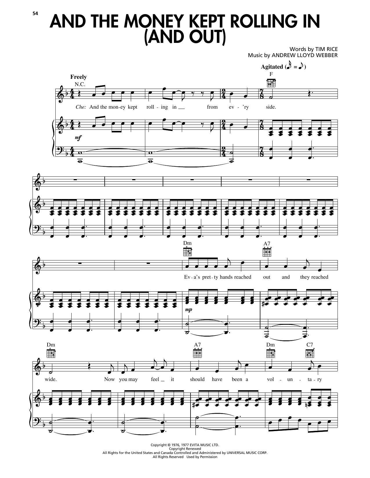 Andrew Lloyd Webber And The Money Kept Rolling In (And Out) (from Evita) sheet music notes and chords arranged for Piano, Vocal & Guitar Chords (Right-Hand Melody)