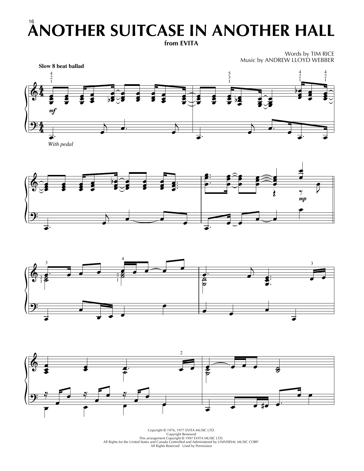 Andrew Lloyd Webber Another Suitcase In Another Hall sheet music notes and chords arranged for Piano Solo