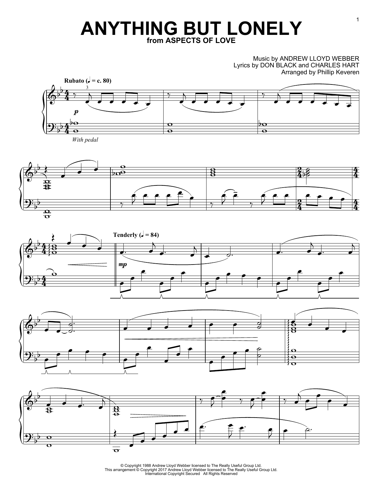 Andrew Lloyd Webber Anything But Lonely (from Aspects Of Love) (arr. Phillip Keveren) sheet music notes and chords arranged for Piano Solo