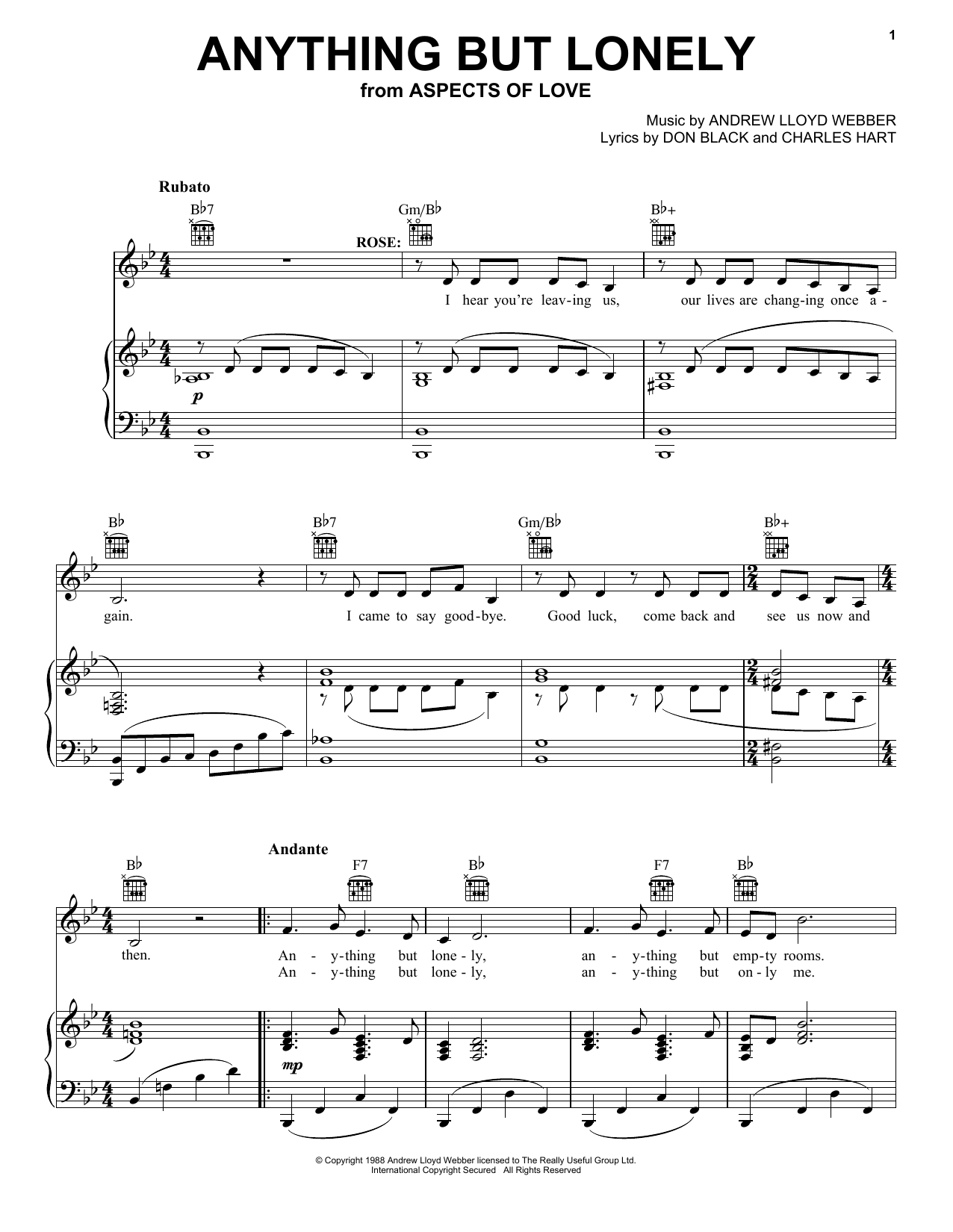 Andrew Lloyd Webber Anything But Lonely (from Aspects Of Love) sheet music notes and chords arranged for Super Easy Piano