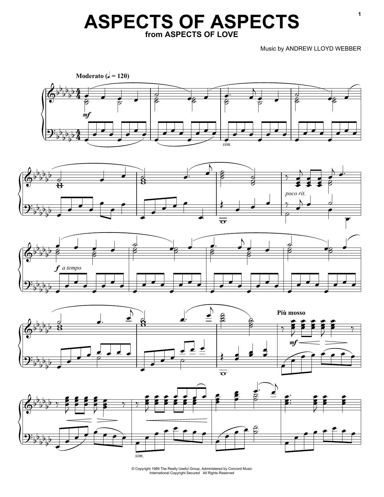 Andrew Lloyd Webber Aspects Of Aspects sheet music notes and chords arranged for Piano Solo