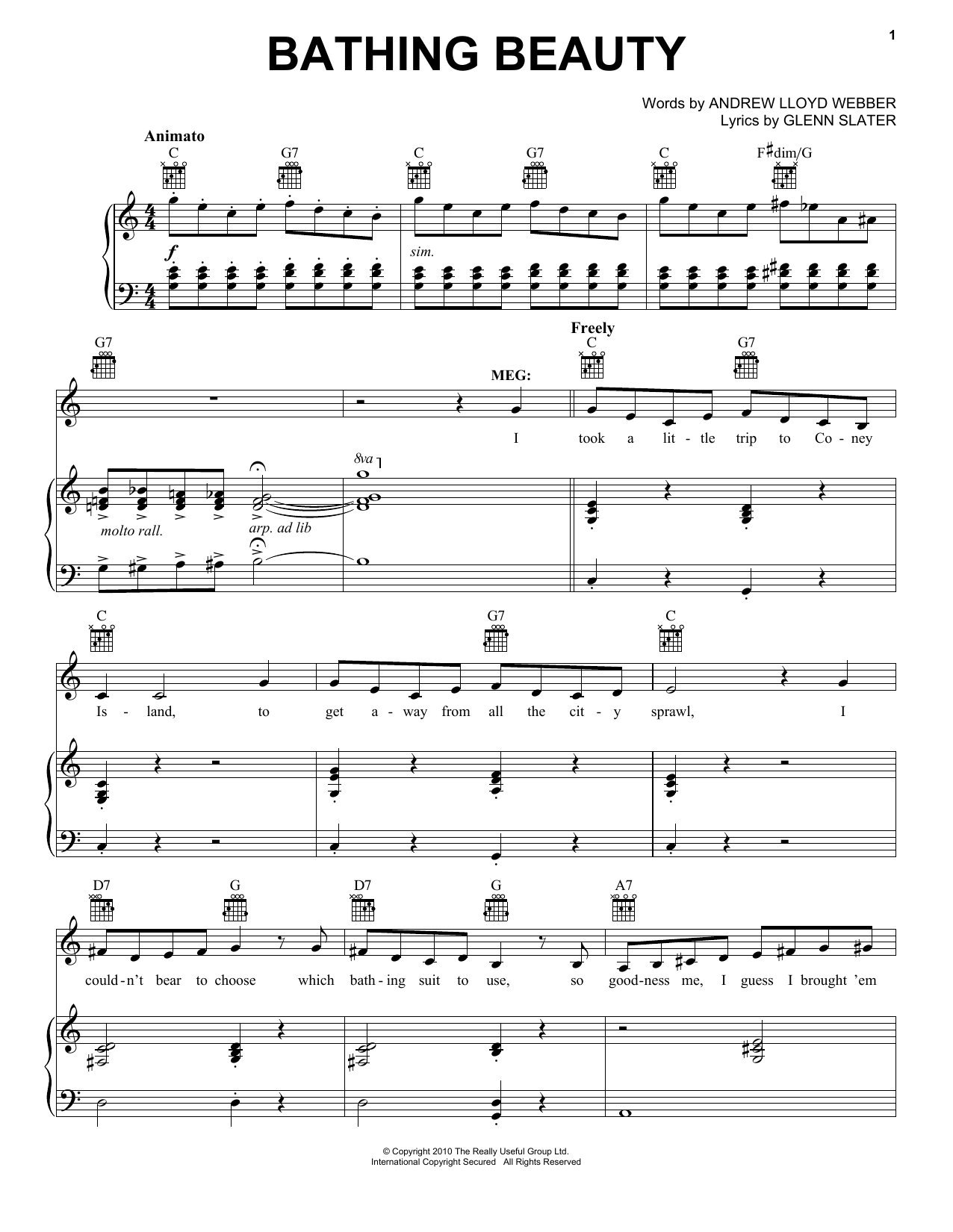 Andrew Lloyd Webber Bathing Beauty sheet music notes and chords arranged for Piano, Vocal & Guitar Chords (Right-Hand Melody)