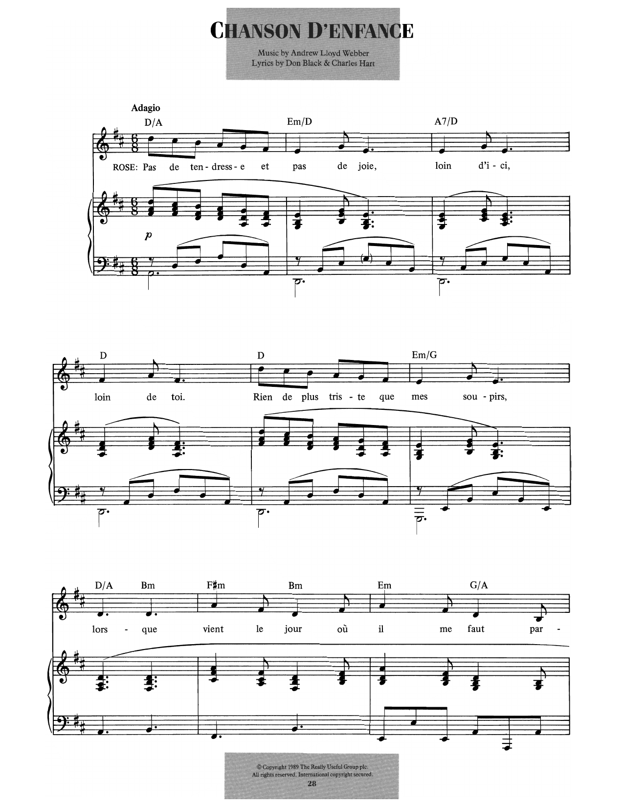 Andrew Lloyd Webber Chanson D'enfance (from Aspects Of Love) sheet music notes and chords arranged for Piano & Vocal