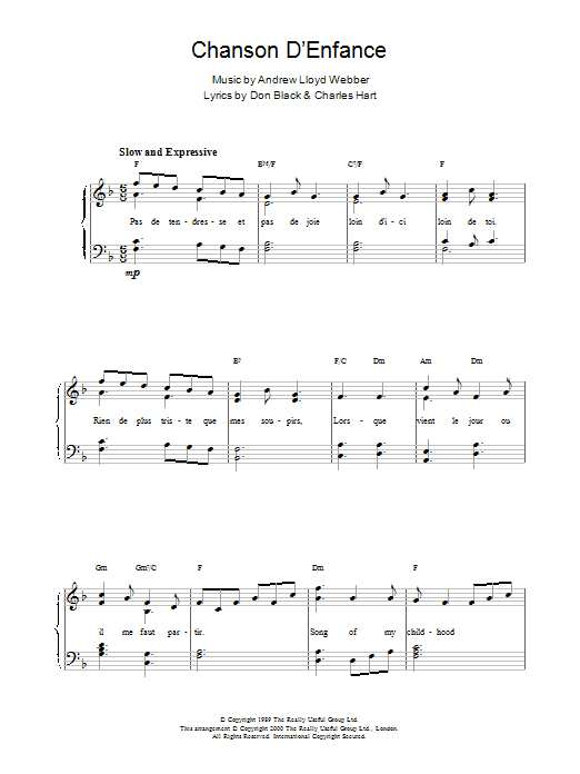 Andrew Lloyd Webber Chanson D'Enfance sheet music notes and chords arranged for Piano Solo