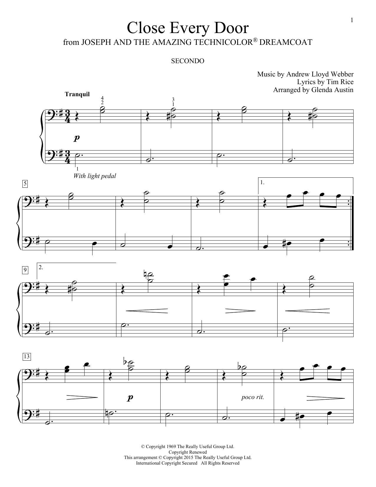 Andrew Lloyd Webber Close Every Door (arr. Glenda Austin) sheet music notes and chords arranged for Piano Duet