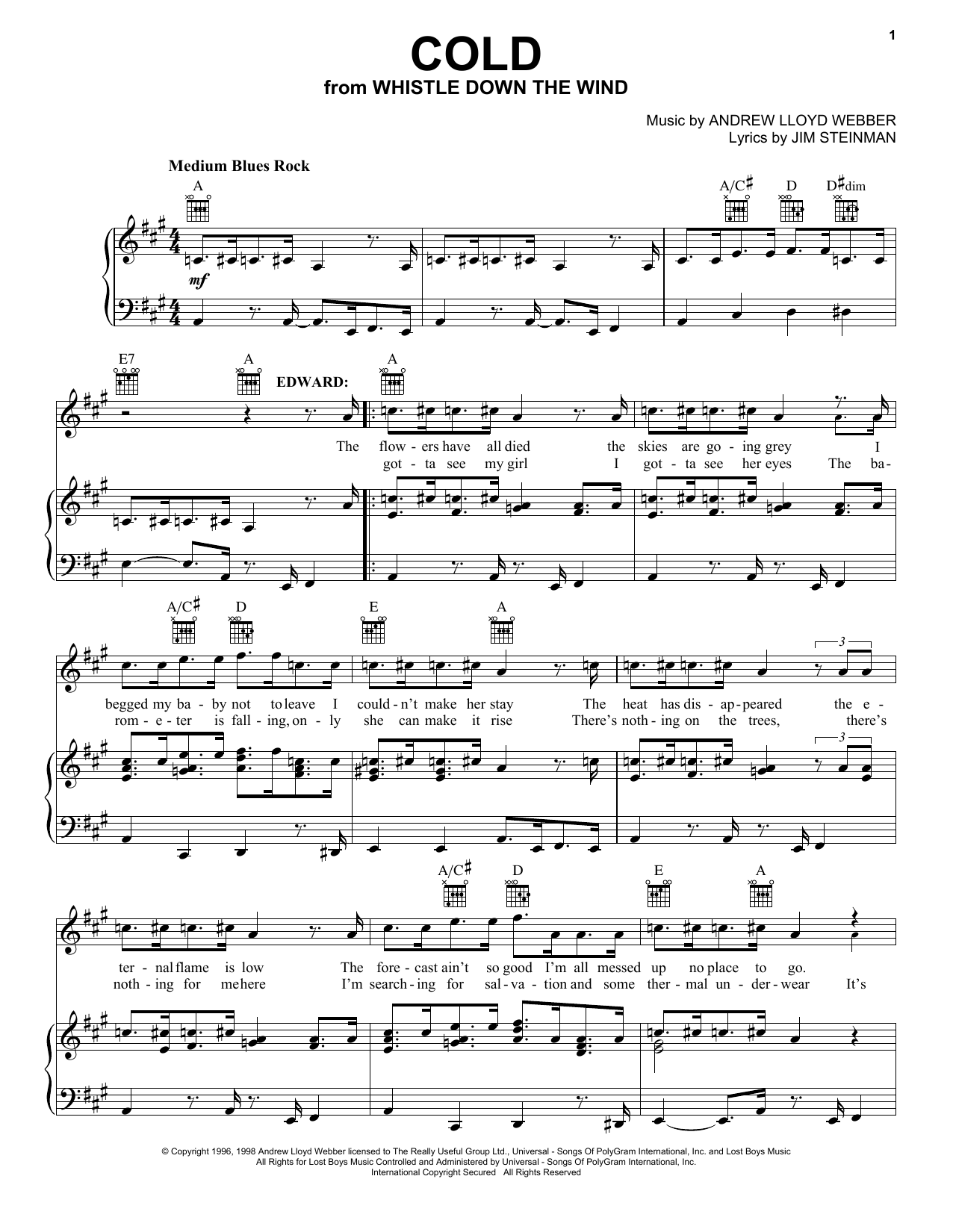 Andrew Lloyd Webber Cold sheet music notes and chords arranged for Easy Piano