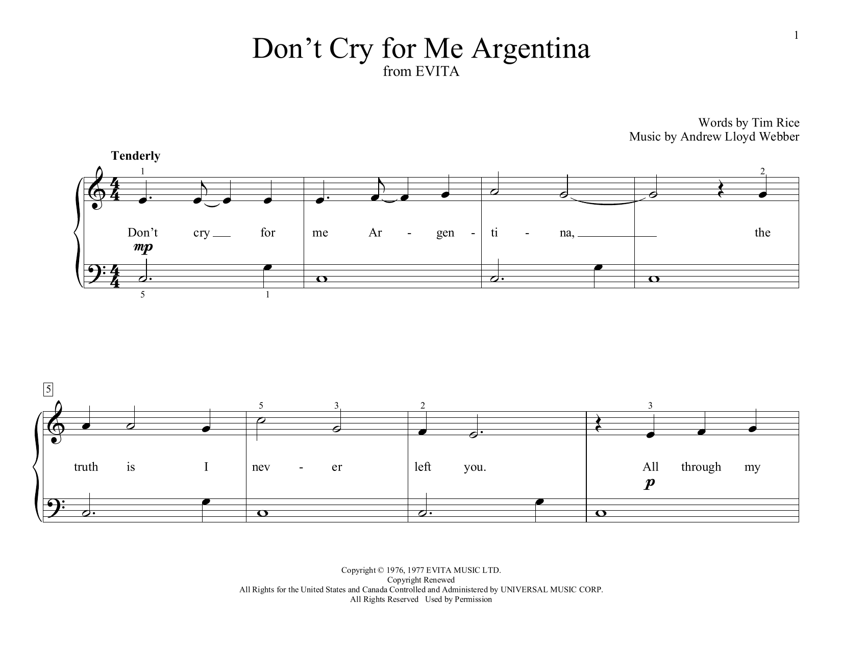 Andrew Lloyd Webber Don't Cry For Me Argentina (from Evita) (arr. Christopher Hussey) sheet music notes and chords arranged for Educational Piano