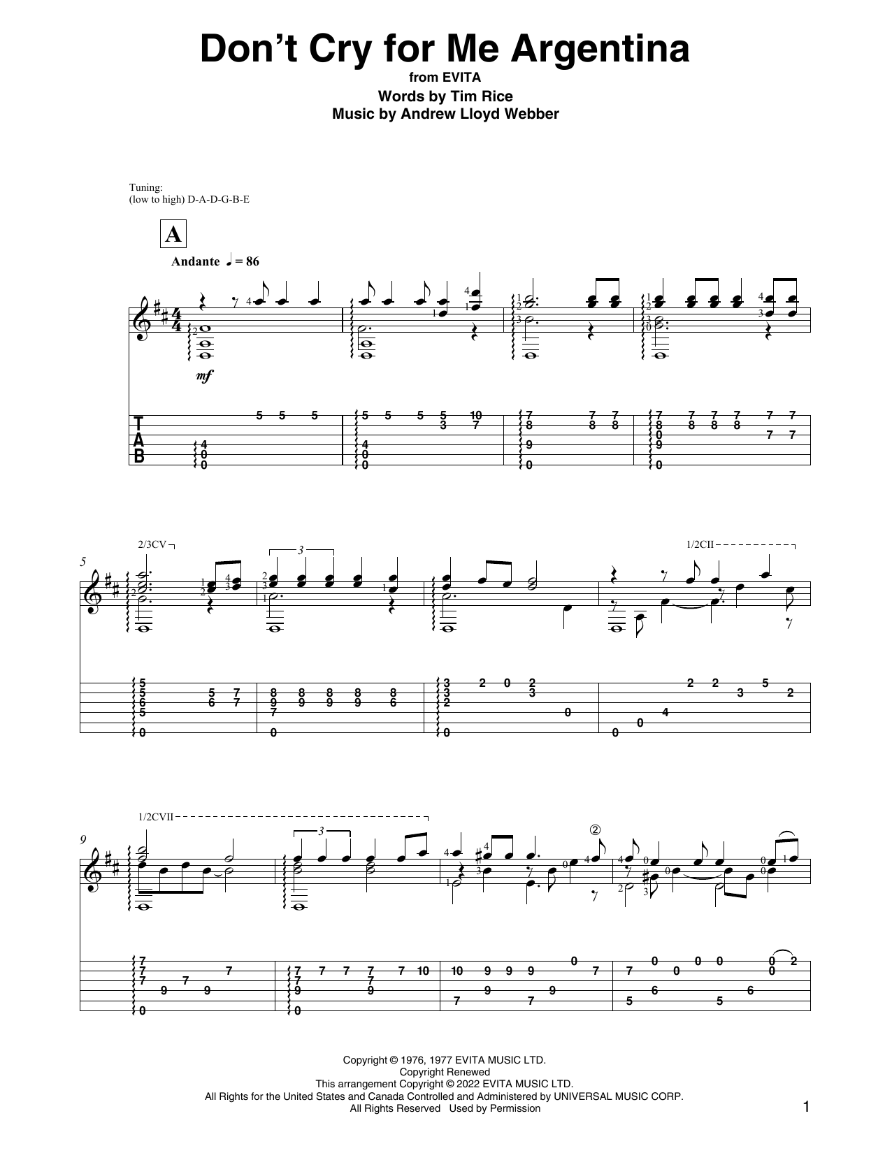 Andrew Lloyd Webber Don't Cry For Me Argentina (from Evita) (arr. David Jaggs) sheet music notes and chords arranged for Solo Guitar