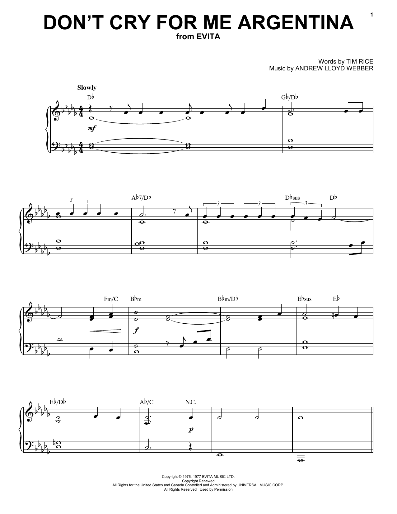 Andrew Lloyd Webber Don't Cry For Me Argentina sheet music notes and chords arranged for Piano & Vocal