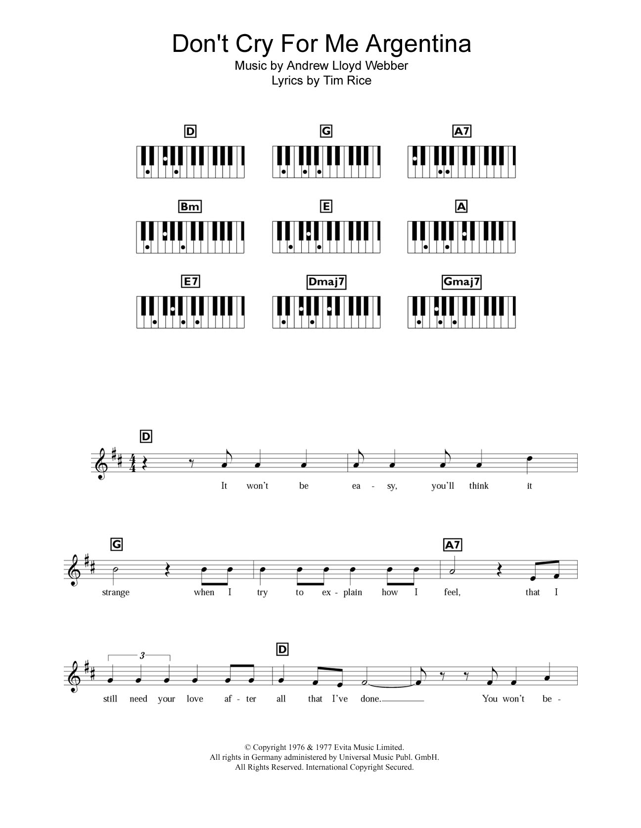 Andrew Lloyd Webber Don't Cry For Me Argentina (from Evita) sheet music notes and chords arranged for Trumpet and Piano