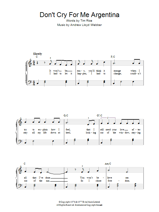 Andrew Lloyd Webber Don't Cry For Me Argentina (Verse Only) sheet music notes and chords arranged for Easy Piano