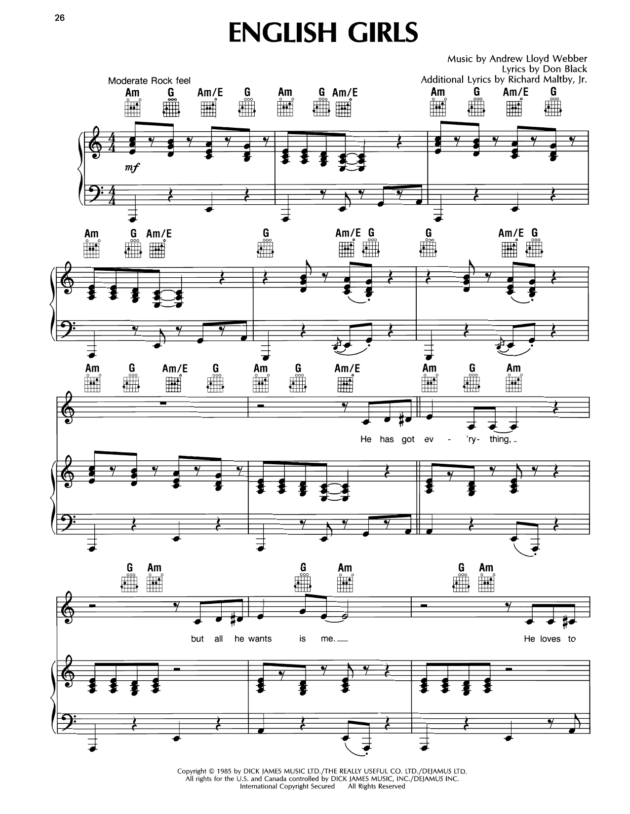 Andrew Lloyd Webber English Girls (from Song & Dance) sheet music notes and chords arranged for Piano, Vocal & Guitar Chords (Right-Hand Melody)