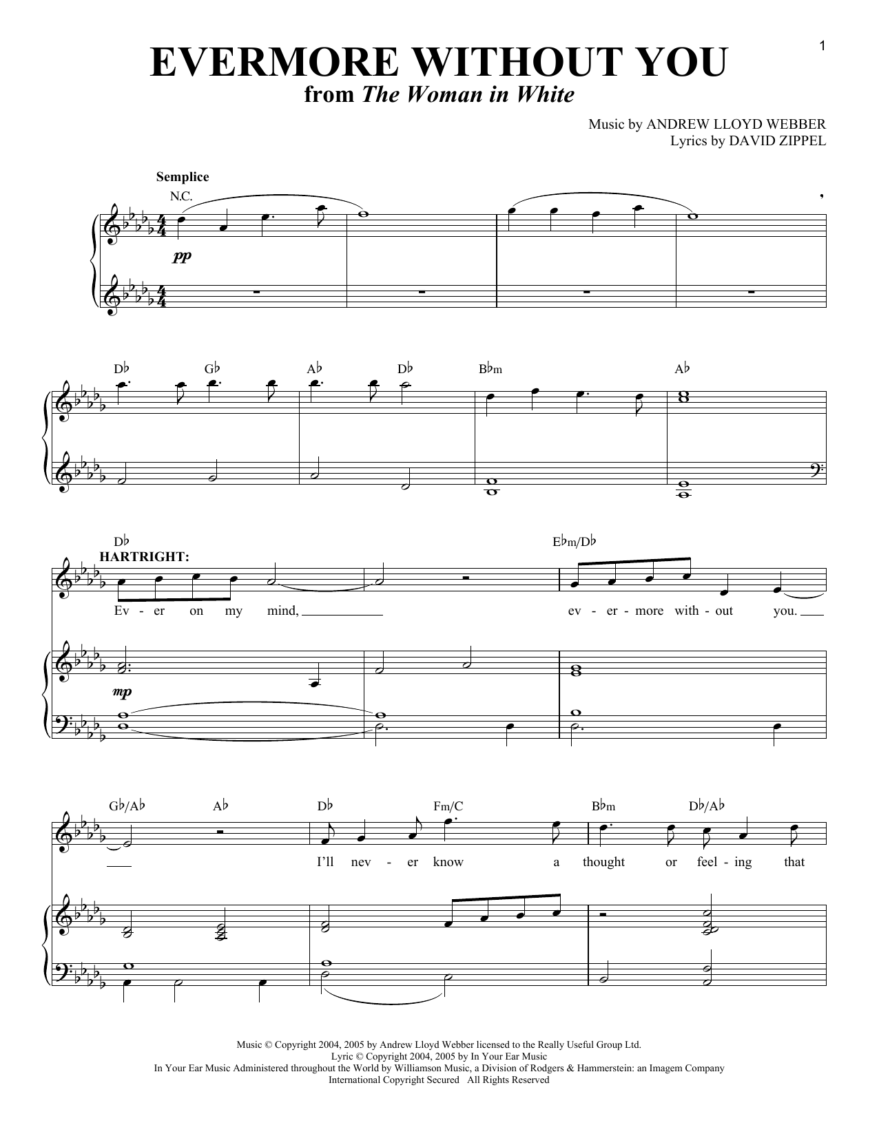 Andrew Lloyd Webber Evermore Without You (from The Woman In White) sheet music notes and chords arranged for Piano & Vocal