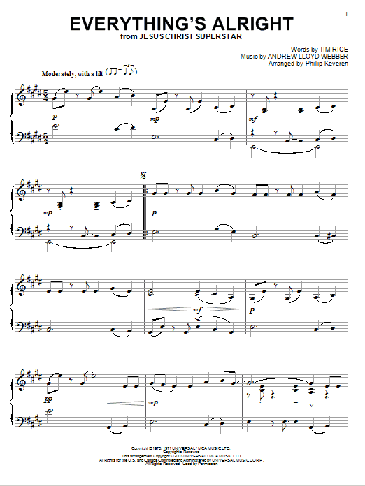 Andrew Lloyd Webber Everything's Alright (from Jesus Christ Superstar) (arr. Phillip Keveren) sheet music notes and chords arranged for Piano Solo
